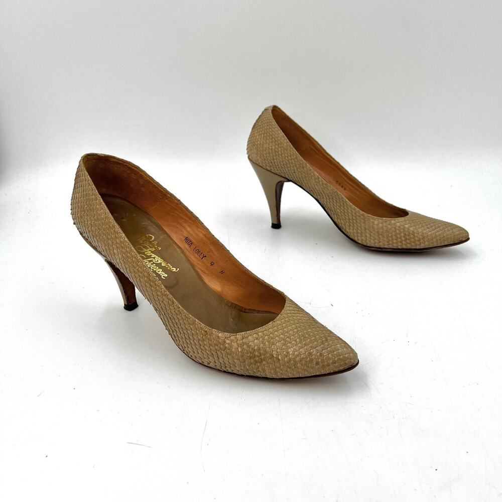 Rosina Ferragamo Schiavone Snake Leather Heels Rita Lolly Pumps Vintage 70s